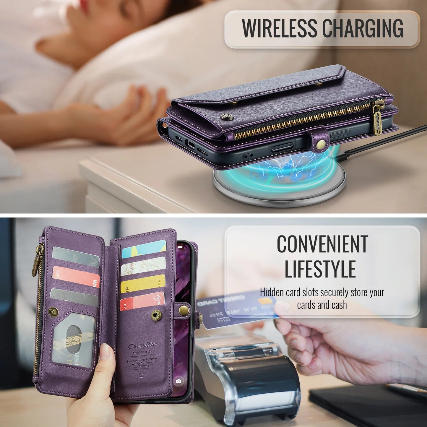 for iPhone Air/17/17 Pro/17 ProMax Case Wallet RFID Blocking with 7-Card Holder Zipper Bills,Wristlet Shoulder Strap Wallet Case
