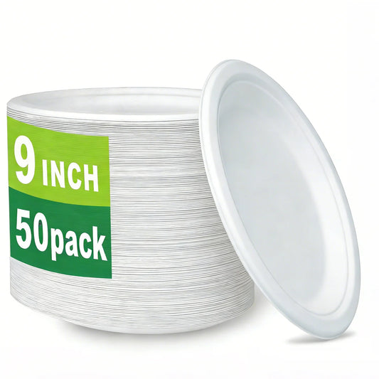 50-Pack 9-Inch Food-Grade Disposable Dinner Plates - Convenient Leak-Proof & Microwave-Safe for Picnics Parties Daily Takeout