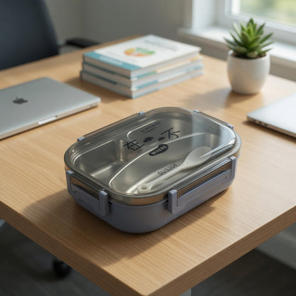 3-Compartment Stainless Steel Japanese Style Lunch Box – Portable Bento Tiffin Box with Spoon