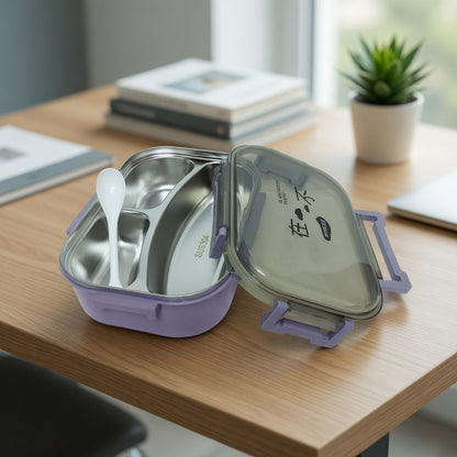 3-Compartment Stainless Steel Japanese Style Lunch Box – Portable Bento Tiffin Box with Spoon