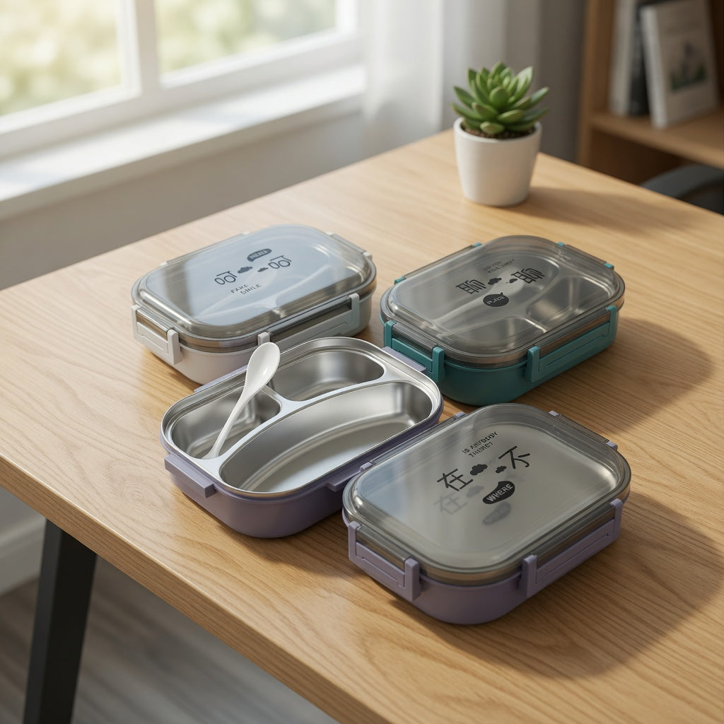 3-Compartment Stainless Steel Japanese Style Lunch Box – Portable Bento Tiffin Box with Spoon