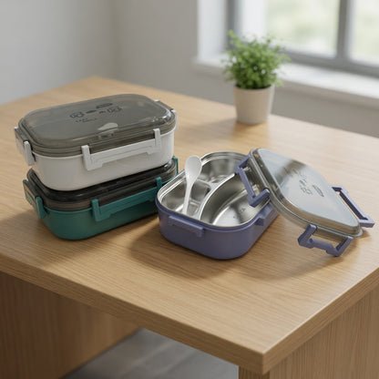 3-Compartment Stainless Steel Japanese Style Lunch Box – Portable Bento Tiffin Box with Spoon