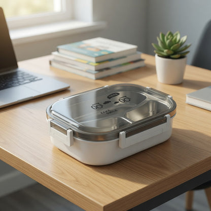 3-Compartment Stainless Steel Japanese Style Lunch Box – Portable Bento Tiffin Box with Spoon