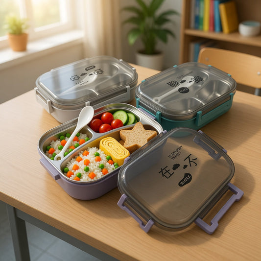 3-Compartment Stainless Steel Japanese Style Lunch Box – Portable Bento Tiffin Box with Spoon